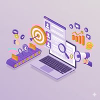 Offshore lead generation and digital marketing strategy visualization featuring data analytics, sales funnel automation, and revenue growth icons.