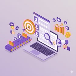 Offshore lead generation and digital marketing strategy visualization featuring data analytics, sales funnel automation, and revenue growth icons.