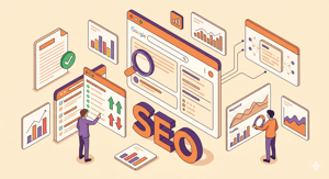 AI search SEO isometric illustration showing a browser with AI Overviews panel, ranking signals and a content quality card
