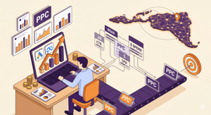 offshore PPC expert isometric illustration showing ad campaign dashboard, performance metrics, and budget optimization