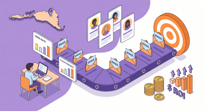 offshore email marketing isometric illustration showing campaign pipeline, envelope icons, and performance dashboard
