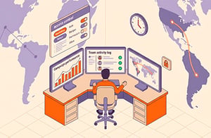 Isometric illustration of a marketing manager at a central desk with three monitors showing campaign dashboards, a team activity log, and a US-to-Latin America connection map, representing full oversight of an offshore marketing team.