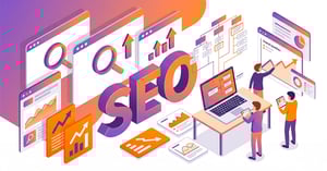 Offshore SEO services isometric illustration showing floating browser windows, rising search rankings, and two characters analyzing an SEO dashboard